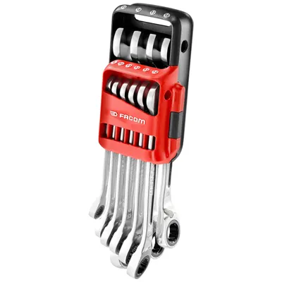 KIT 10 clés mixtes à cliquet réversible FACOM modèle ULTRA GRIP - 8 à 19 mm - 12 pans - sur étui portatif