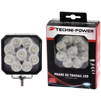 KIT phare de travail carré TECHNI-POWER - 9 LEDs - 25 à 42 W - 2800 à 3800 lumens - boite contenant une protection de surchauffe